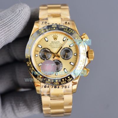 Replica Rolex Daytona Watch Yellow Gold Dial Black Sub Dials 40MM